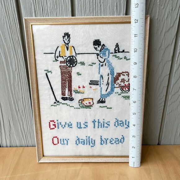 Vintage Framed Cross Stitch “Give Us This Day Our Daily Bread” 9"x12" - Picture 6 of 7